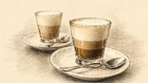 Illustration Capo in B, Espresso mit Milch im Glas, italienische Kaffeebestellung in Triest