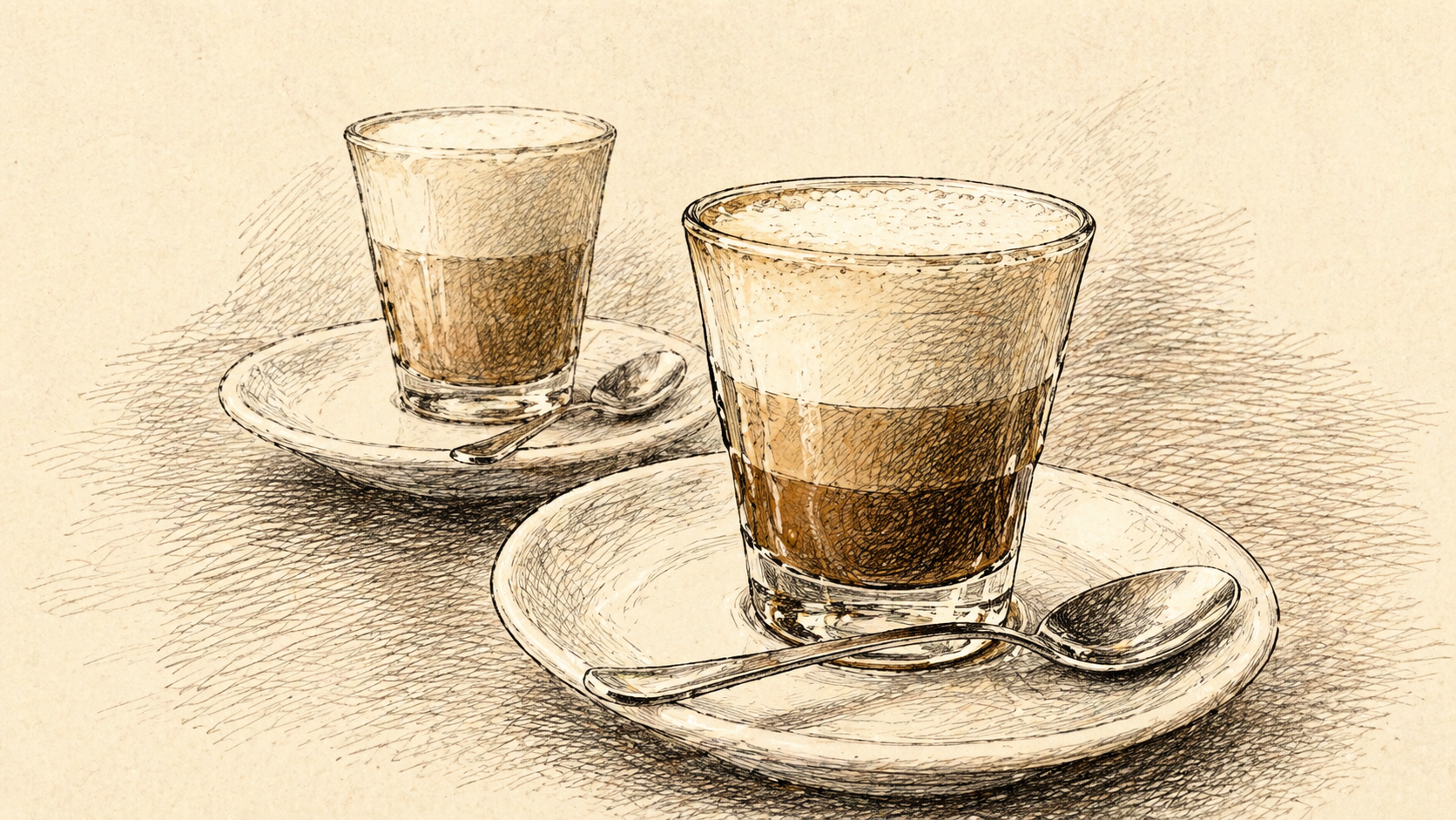 Illustration Capo in B, Espresso mit Milch im Glas, italienische Kaffeebestellung in Triest