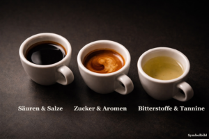 Drei Espressotassen zeigen die Extraktionsphasen: Säuren und Salze (dunkel), Zucker und Aromen (karamell), Bitterstoffe und Tannine (wässrig-gelb). Symbolbild.